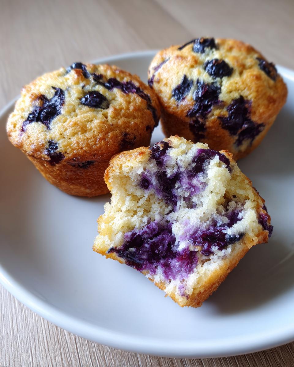 Close-up of three blueberry protein muffins, one broken open showing the moist, purple-streaked interior.