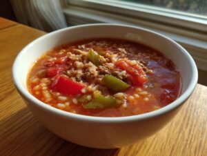 A white bowl filled with rich, tomato-based stuffed pepper soup containing ground meat, rice, and chunks of red and green peppers.