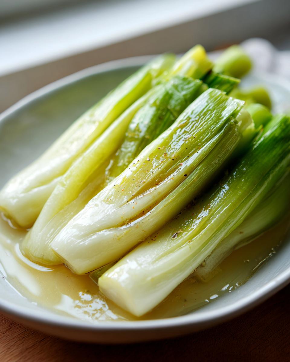 Close-up of tender, glossy braised leeks served in a shallow white dish with a light, savory liquid.
