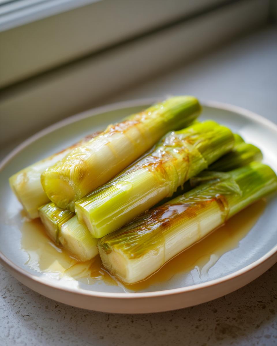 Close-up of tender, glossy braised leeks resting in a light brown glaze on a pale plate.