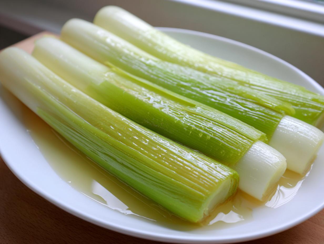 Four tender, glossy braised leeks sitting in a shallow pool of cooking liquid on a white plate.