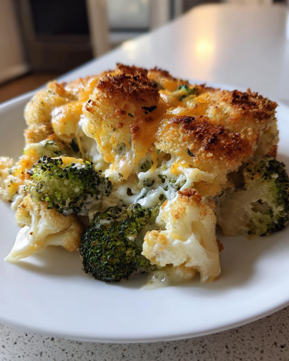A close-up serving of broccoli cauliflower casserole with a golden, crispy topping and creamy cheese sauce.