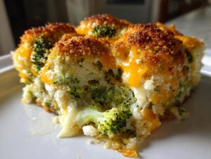 A close-up of a serving of broccoli cauliflower casserole featuring melted cheddar cheese and a golden, crunchy breadcrumb topping.