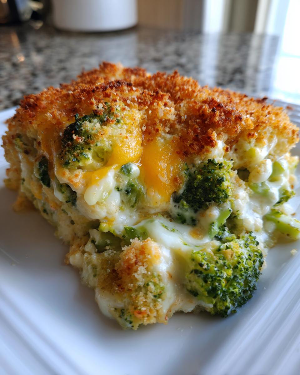 A close-up of a cheesy slice of broccoli cauliflower casserole with a golden, crispy breadcrumb topping.