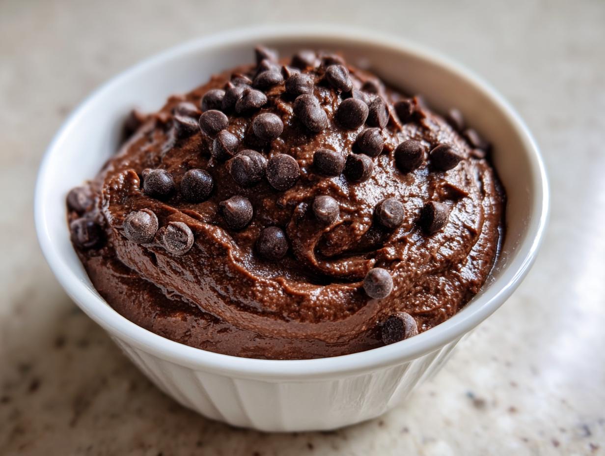 Close-up of rich, thick brownie batter dip topped generously with mini chocolate chips in a white bowl.