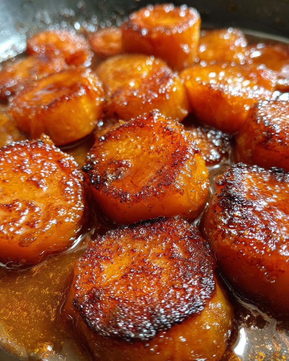 Close-up of thick slices of candied sweet potatoes simmering in a rich, dark amber glaze.