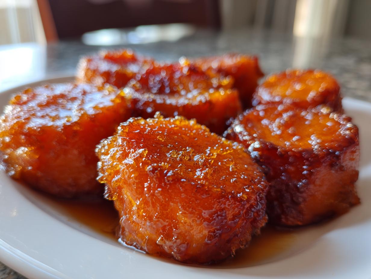 Close-up of several thick slices of candied sweet potatoes glistening with a rich, amber glaze.