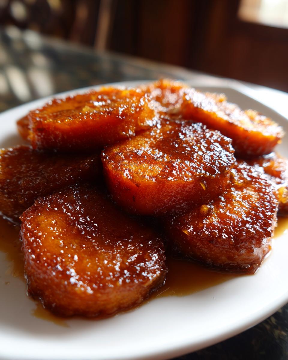 Close-up of thick, glazed slices of candied sweet potatoes glistening with syrup on a white plate.