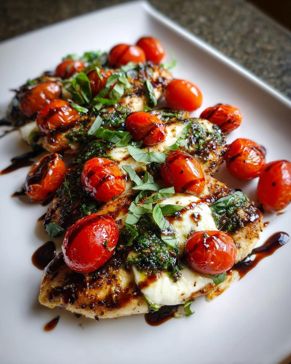 Three pieces of seasoned caprese chicken topped with melted mozzarella, pesto, roasted cherry tomatoes, and a balsamic glaze.