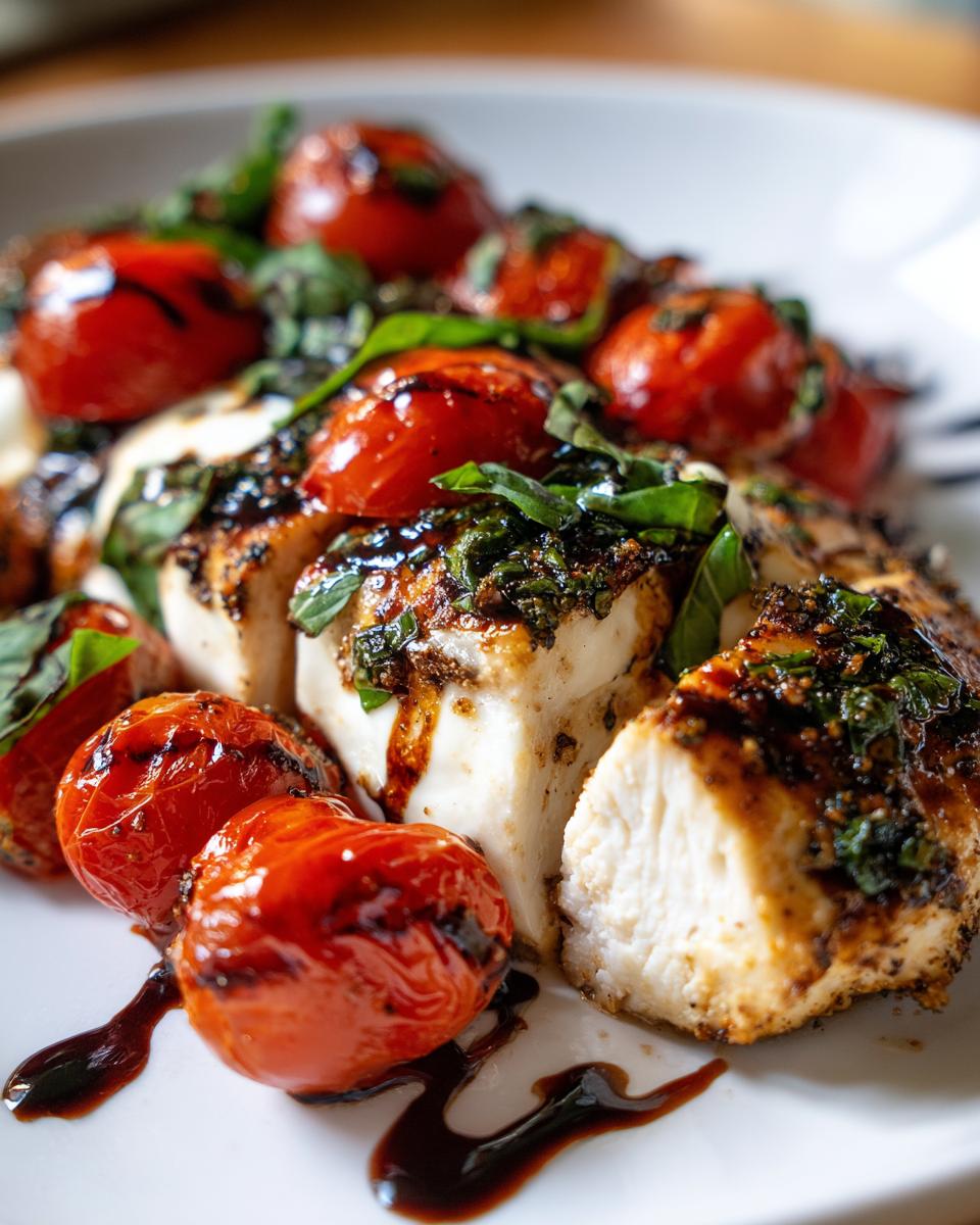 Close-up of sliced caprese chicken topped with melted mozzarella, basil, and balsamic glaze, served with roasted cherry tomatoes.