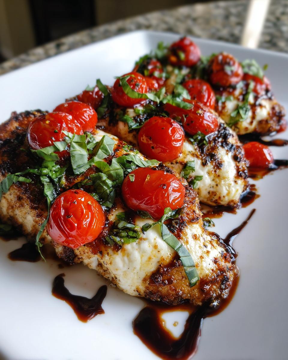 Close-up of perfectly cooked caprese chicken topped with melted mozzarella, roasted cherry tomatoes, and fresh basil.