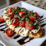 A close-up of baked caprese chicken topped with melted mozzarella, halved cherry tomatoes, and fresh basil, drizzled with balsamic glaze.