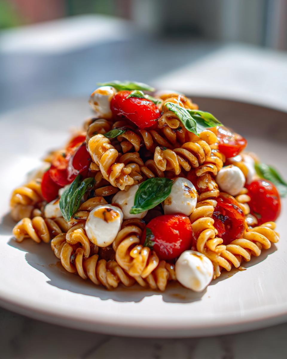 A close-up of a serving of caprese pasta salad featuring fusilli, cherry tomatoes, mozzarella balls, and basil leaves.
