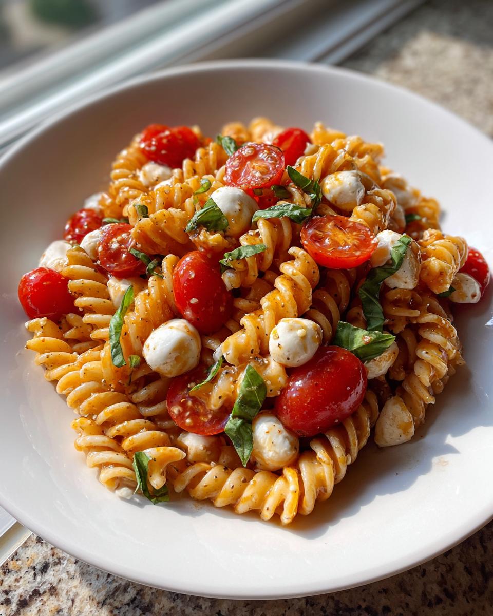 A close-up of a vibrant caprese pasta salad featuring rotini pasta, cherry tomatoes, mozzarella balls, and basil.