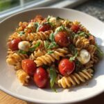 A close-up of a serving of caprese pasta salad featuring rotini pasta, cherry tomatoes, mozzarella balls, and fresh basil.