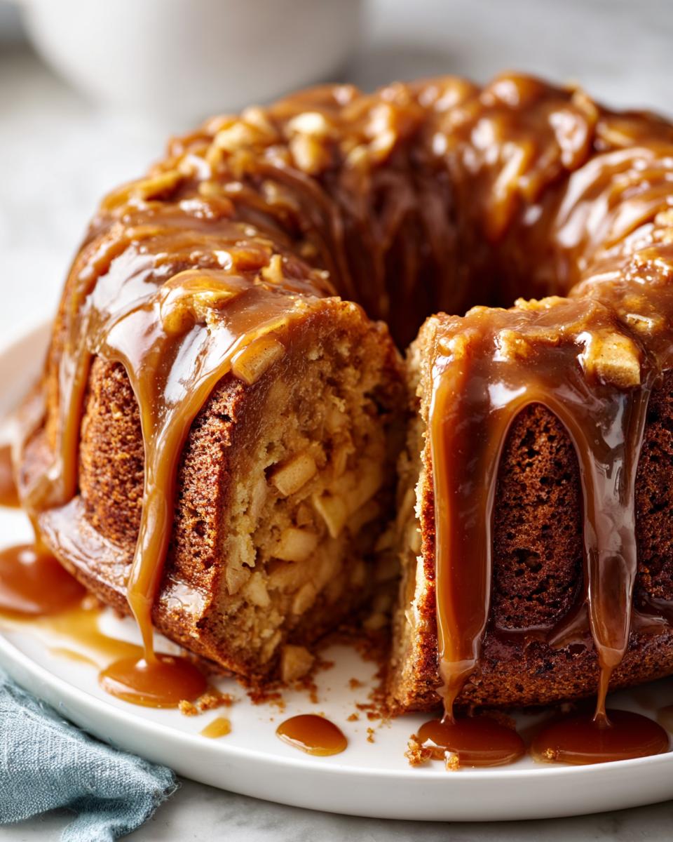 A rich, moist apple dapple cake in a bundt shape, generously covered in thick caramel sauce, with one slice cut out showing the apple filling.