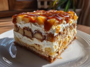 A generous slice of caramel apple trifle layered with cake, cream, and topped with rich caramel sauce.