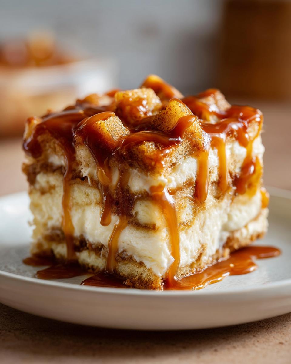 A rich slice of caramel apple trifle layered with cream and topped with chunks of apple and heavy caramel sauce.