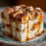 A decadent slice of caramel apple trifle layered with cake, cream, and drizzled heavily with caramel sauce.