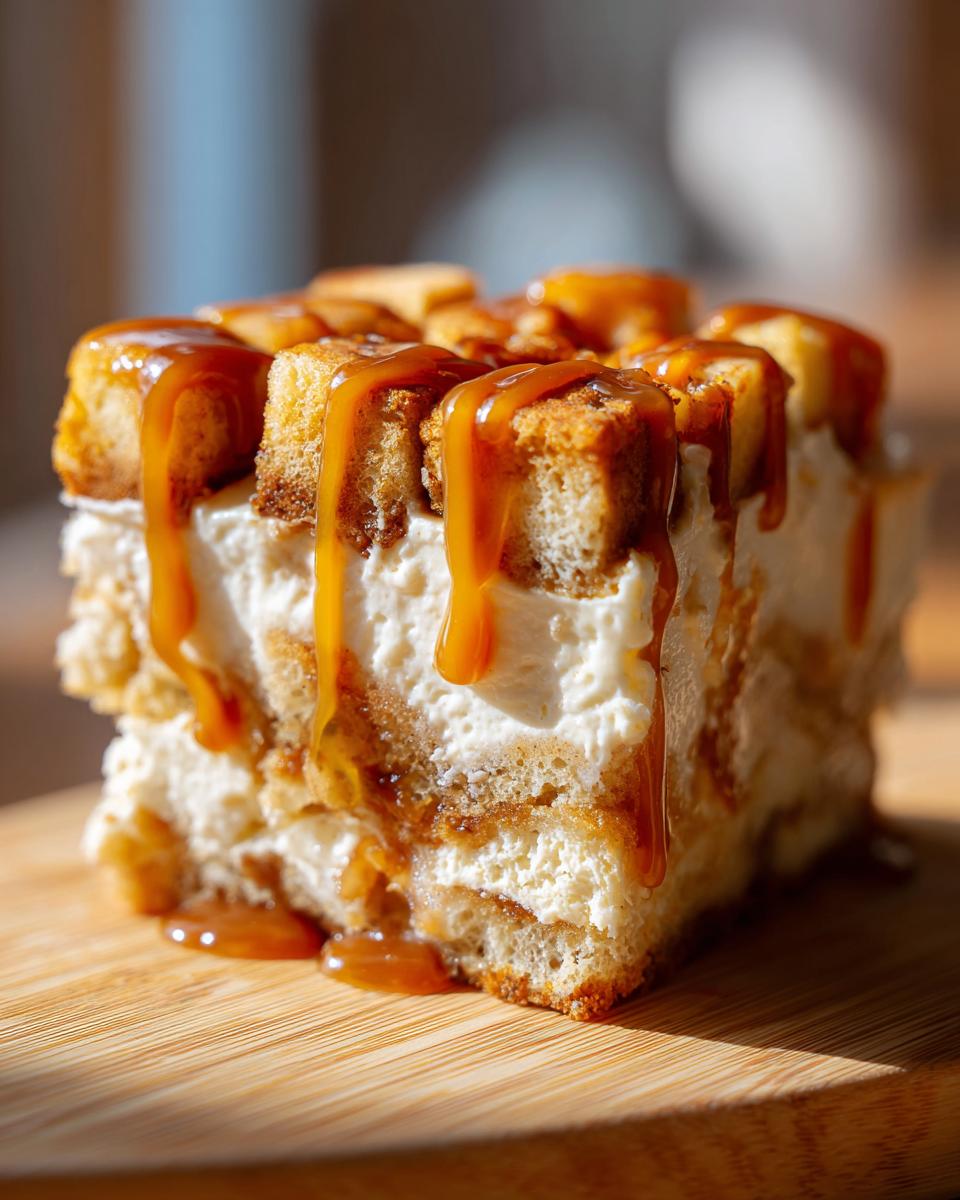A decadent slice of caramel apple trifle featuring layers of cream, cake pieces, and rich caramel sauce drizzled on top.
