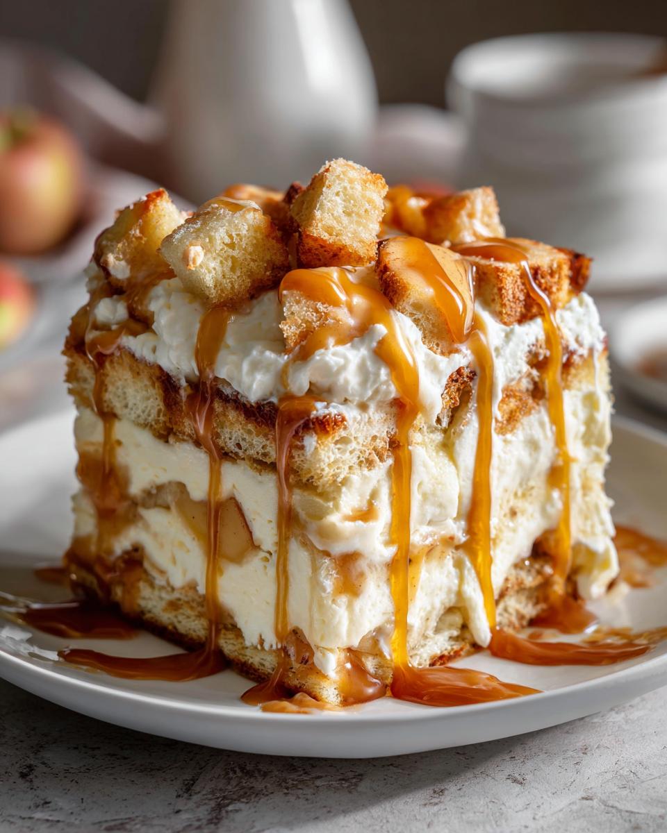 A decadent slice of caramel apple trifle layered with cake, cream, and topped with caramel sauce.