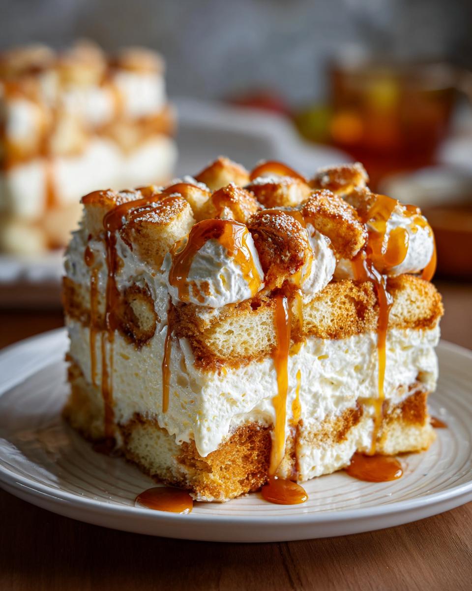 A decadent square slice of caramel apple trifle layered with cream and cake, topped with caramel drizzle.