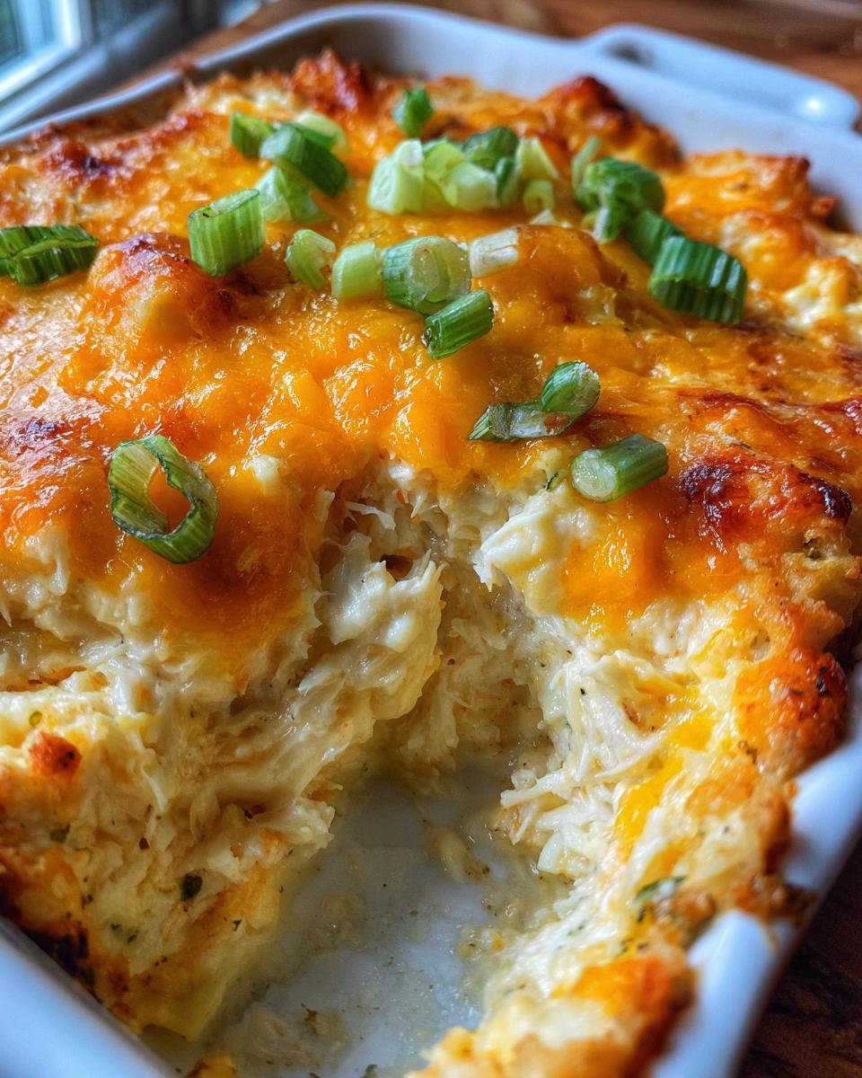A scoop taken out of a baked hot crab dip, showing creamy texture and melted cheddar cheese topping garnished with green onions.