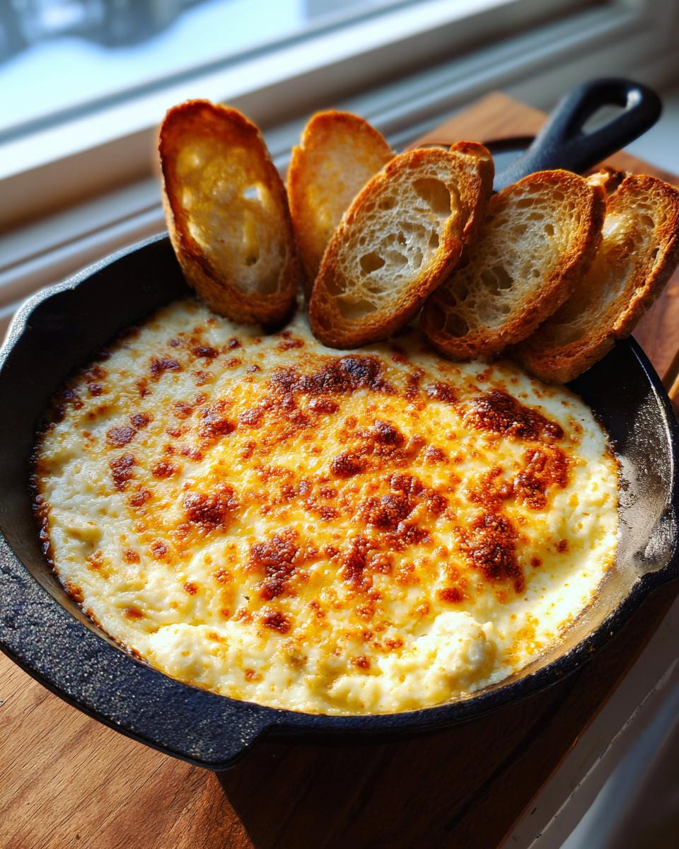 Hot, bubbly, cheesy bread dip served in a small cast iron skillet with toasted baguette slices for dipping.