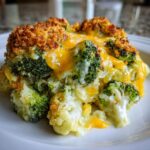 A close-up serving of cheesy broccoli cauliflower casserole topped with golden brown breadcrumbs.