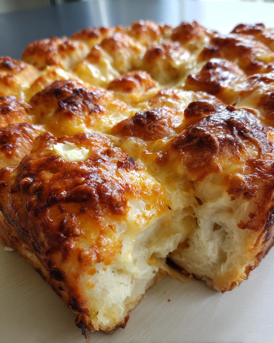 Close-up of cheesy Hawaiian Roll Garlic Bread, showing golden brown, melted cheese topping and soft interior.