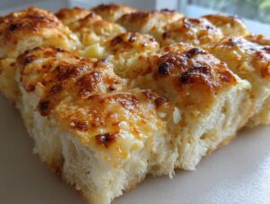 Close-up of freshly baked Hawaiian roll garlic bread with melted, browned cheese topping.