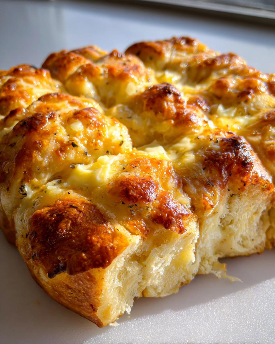 Close-up of baked Hawaiian roll garlic bread with melted, golden-brown cheese topping.