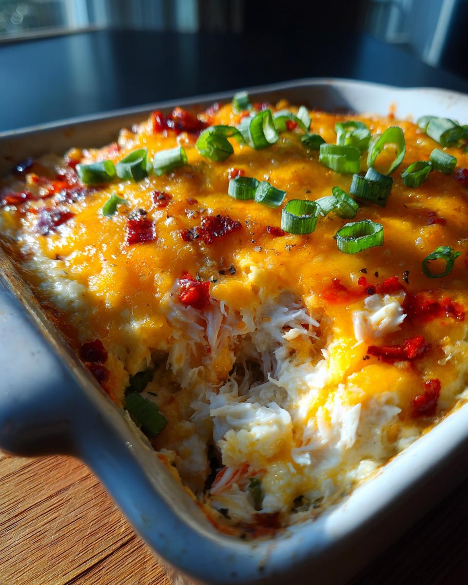 A scoop taken out of a baking dish revealing creamy, cheesy hot crab dip topped with melted cheddar and green onions.
