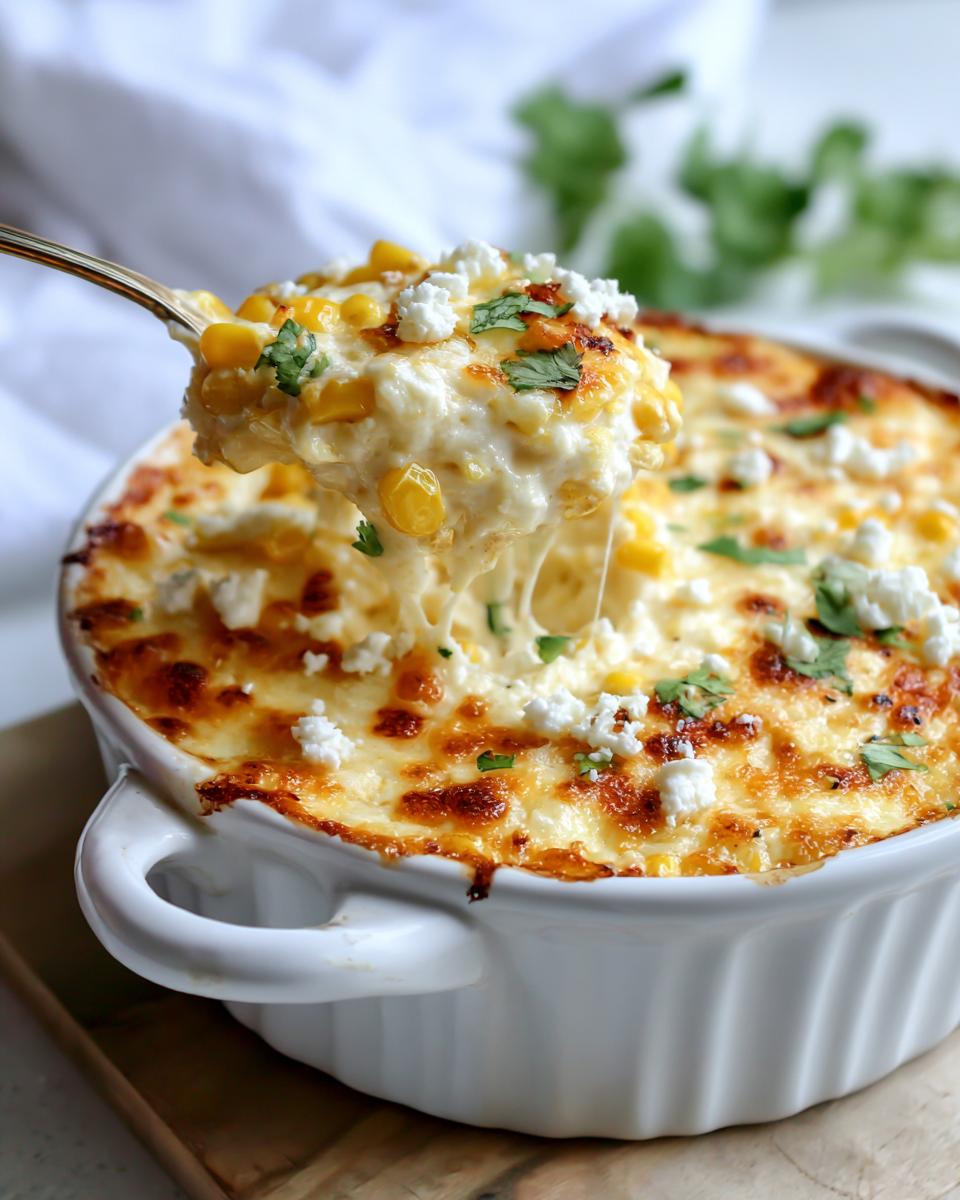A spoonful of hot, cheesy mexican street corn dip being lifted from a white baking dish, showing cheese pull.
