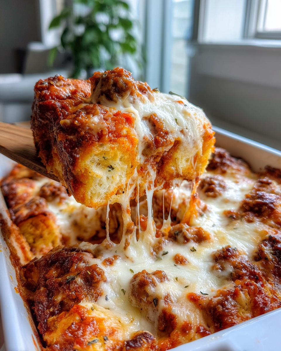 A serving of pizza casserole being lifted, showing extreme cheese pull over bread and meat sauce.