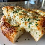 Close-up of a slice of white pizza showing extreme cheese pull, topped with melted cheese and parsley.
