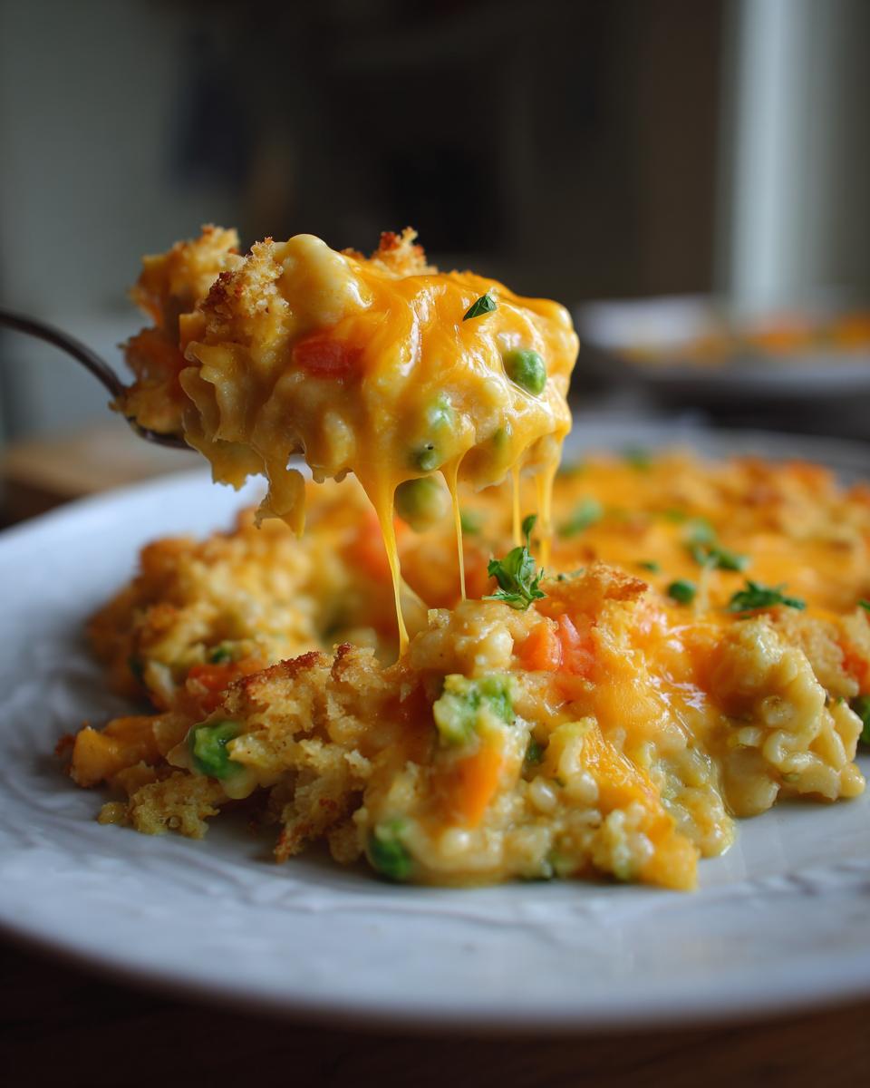 A spoonful of creamy vegetable casserole with melted cheese stretching as it's lifted from the main dish.