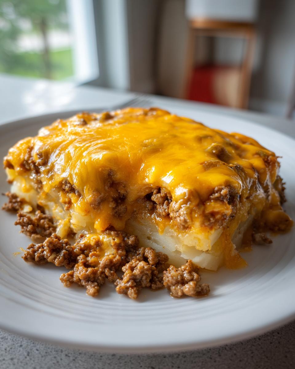 A serving of Cheesy Taco Potatoes featuring layers of potato, seasoned ground beef, and melted cheddar cheese.