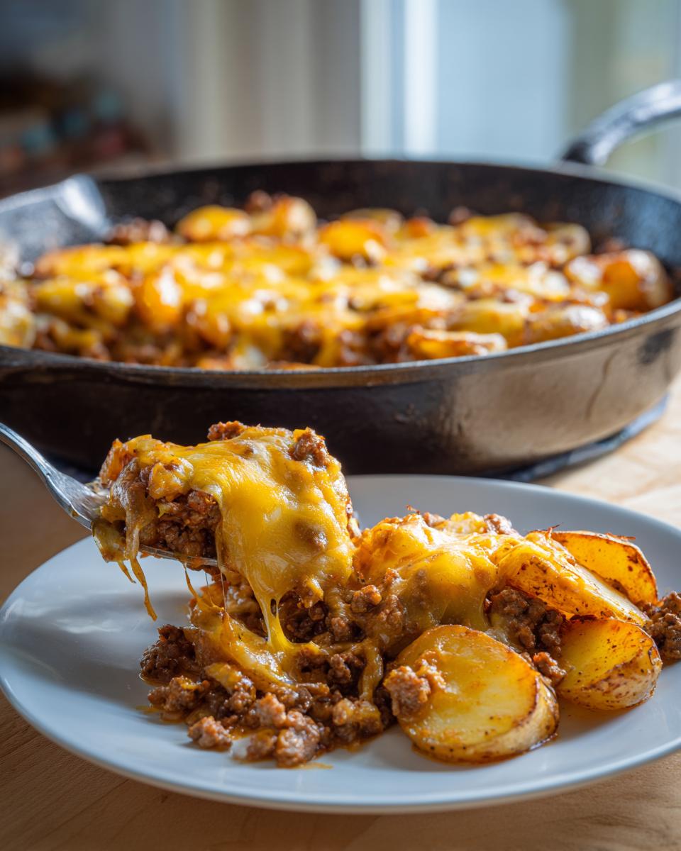 A fork lifts a cheesy portion of Cheesy Taco Potatoes covered in melted, stretching cheddar cheese.