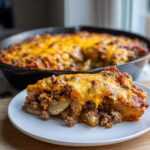 A generous serving of Cheesy Taco Potatoes featuring layers of seasoned ground beef and sliced potatoes topped with melted cheddar cheese.