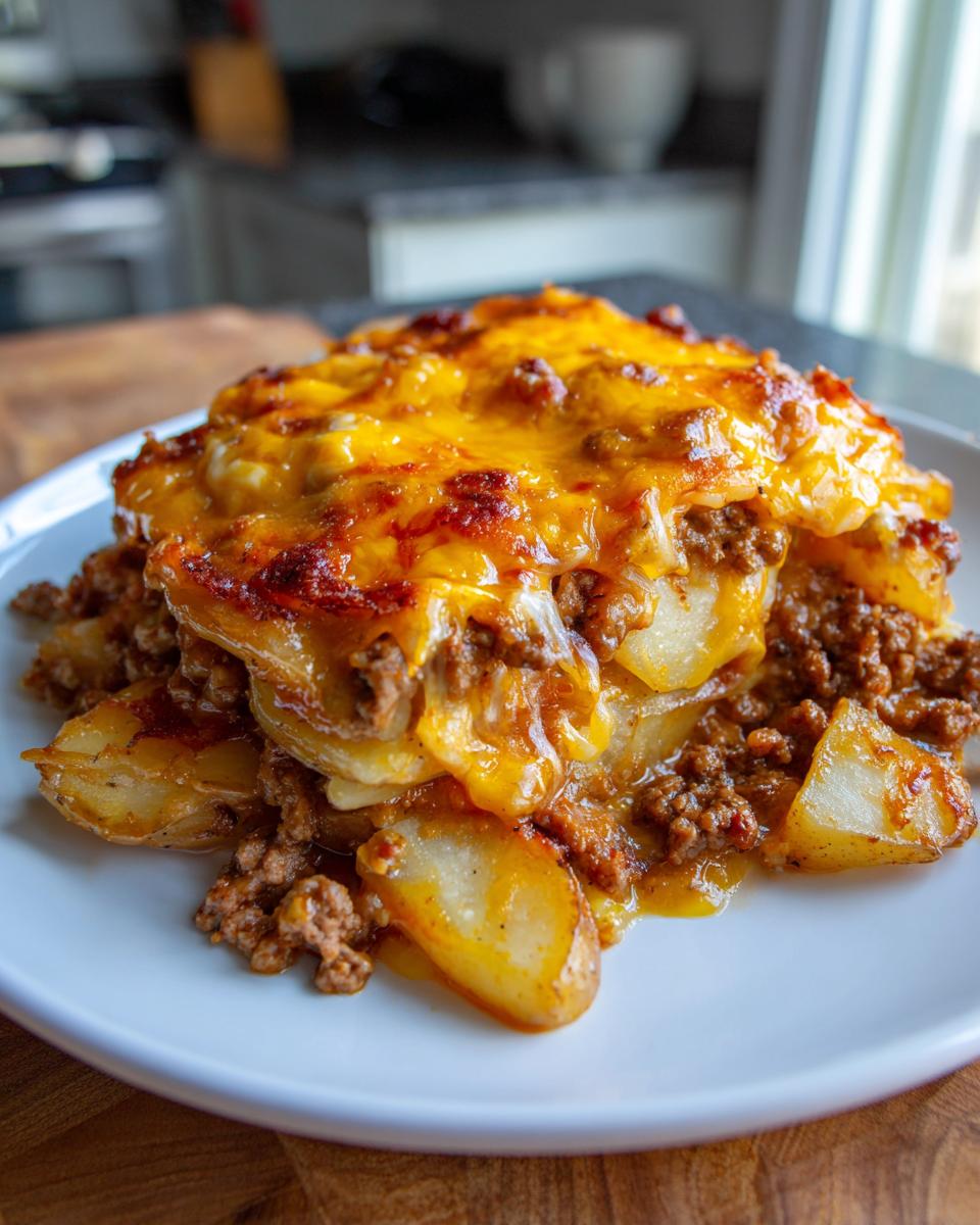 A hearty serving of Cheesy Taco Potatoes layered with seasoned ground beef and melted cheddar cheese.