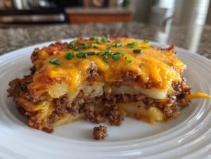 A cross-section slice of Cheesy Taco Potatoes layered with seasoned ground beef and melted cheddar cheese, topped with chives.