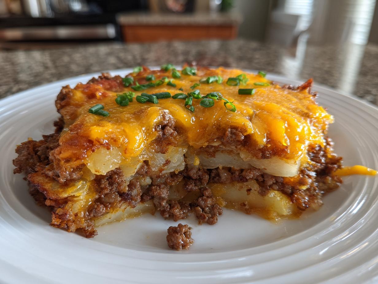 A cross-section slice of Cheesy Taco Potatoes layered with seasoned ground beef and melted cheddar cheese, topped with chives.