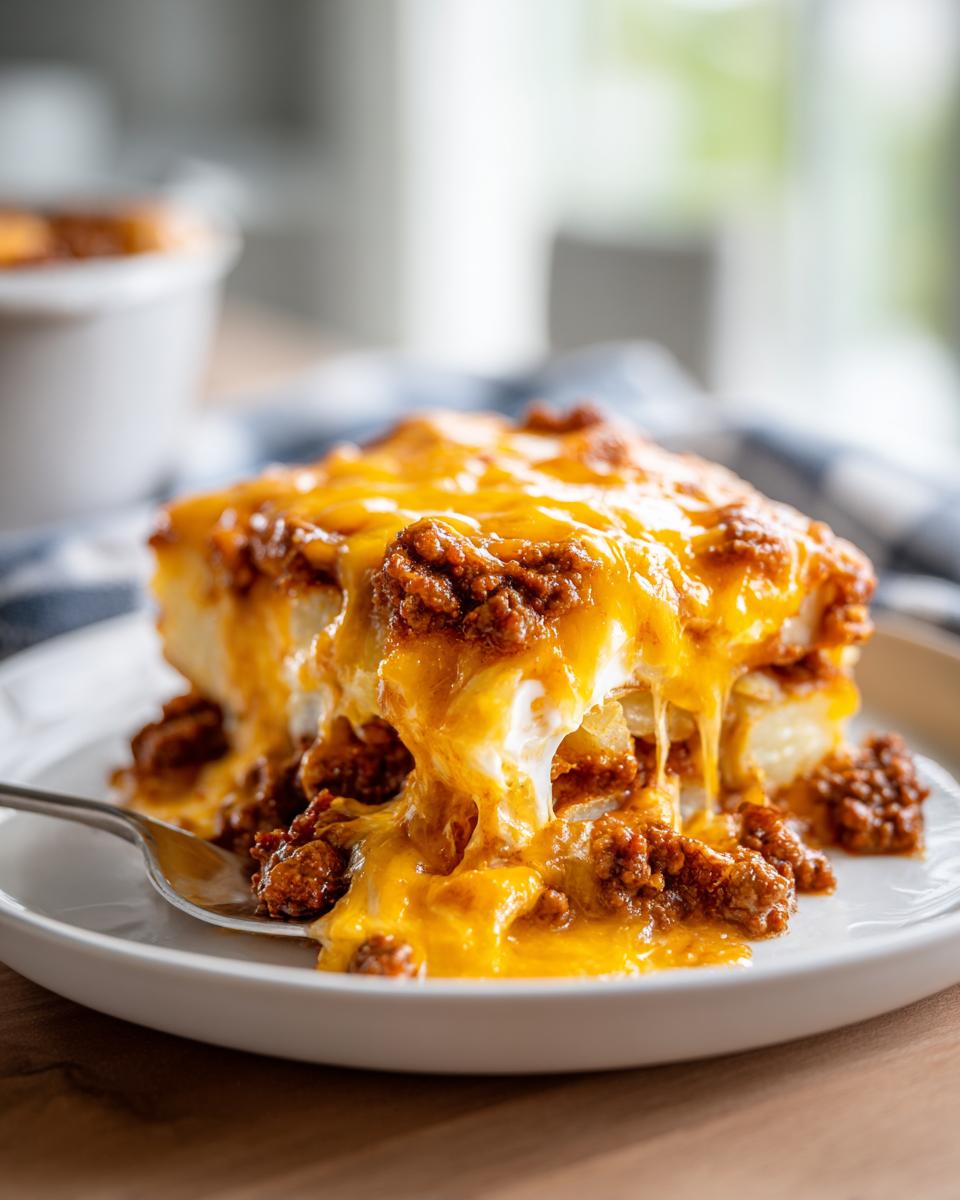 A serving of Cheesy Taco Potatoes featuring melted cheddar cheese dripping over seasoned ground beef and layered potatoes.