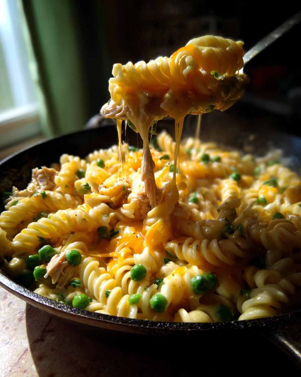 A spoonful of creamy tuna pasta lifted from a skillet, showing long, melted cheese strings stretching down to the rest of the tuna pasta dish.