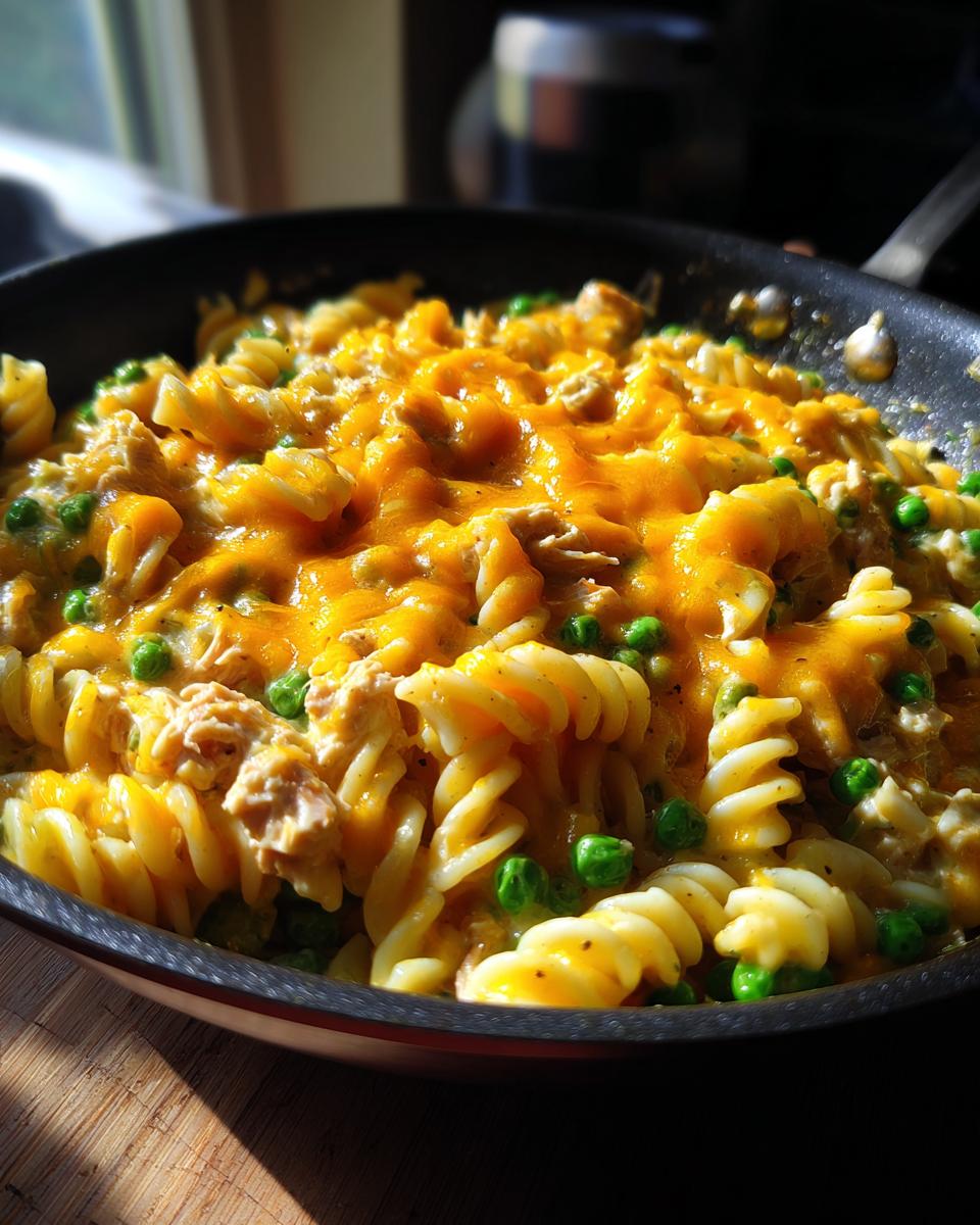 Close-up of creamy tuna pasta made with rotini, green peas, and melted cheddar cheese topping in a black skillet.