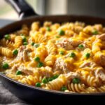 Close-up of creamy, cheesy tuna pasta with bright green peas served directly in a black skillet.