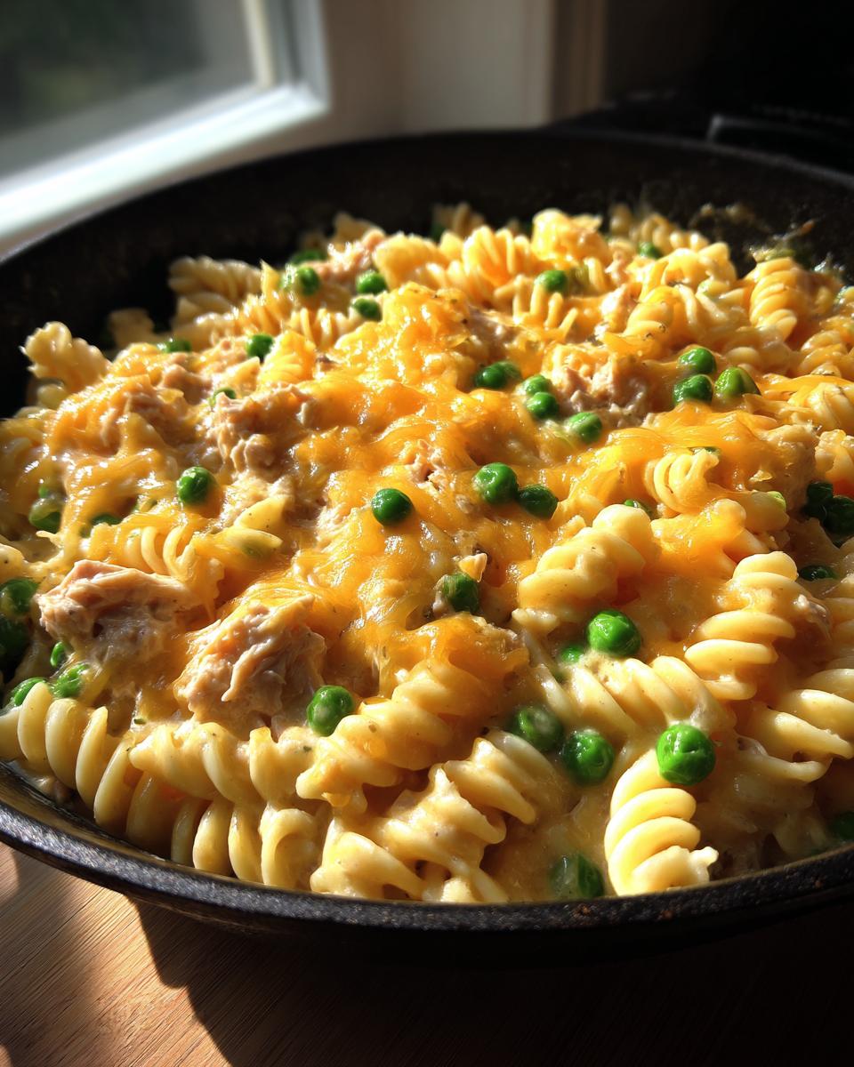 Close-up of creamy tuna pasta made with rotini, melted cheddar cheese, and bright green peas in a black skillet.