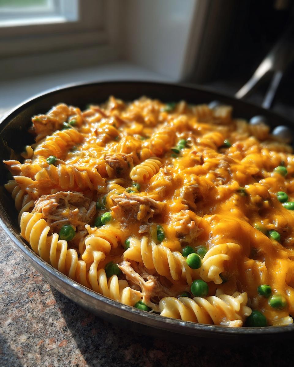 Close-up of cheesy tuna pasta made with rotini, melted cheddar, and green peas, served hot in a black skillet.