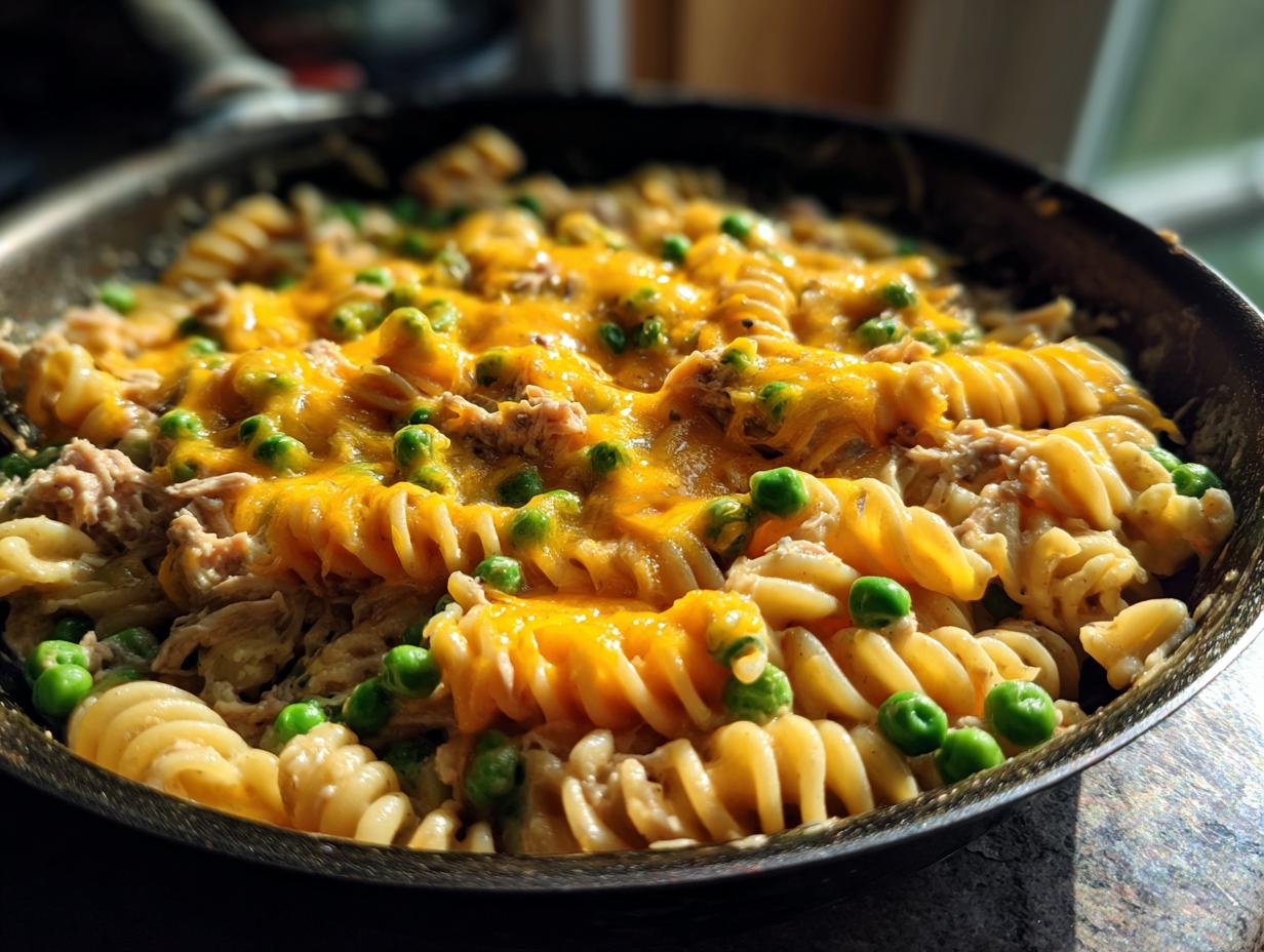 Close-up of creamy tuna pasta made with rotini, green peas, and melted cheddar cheese in a dark skillet.